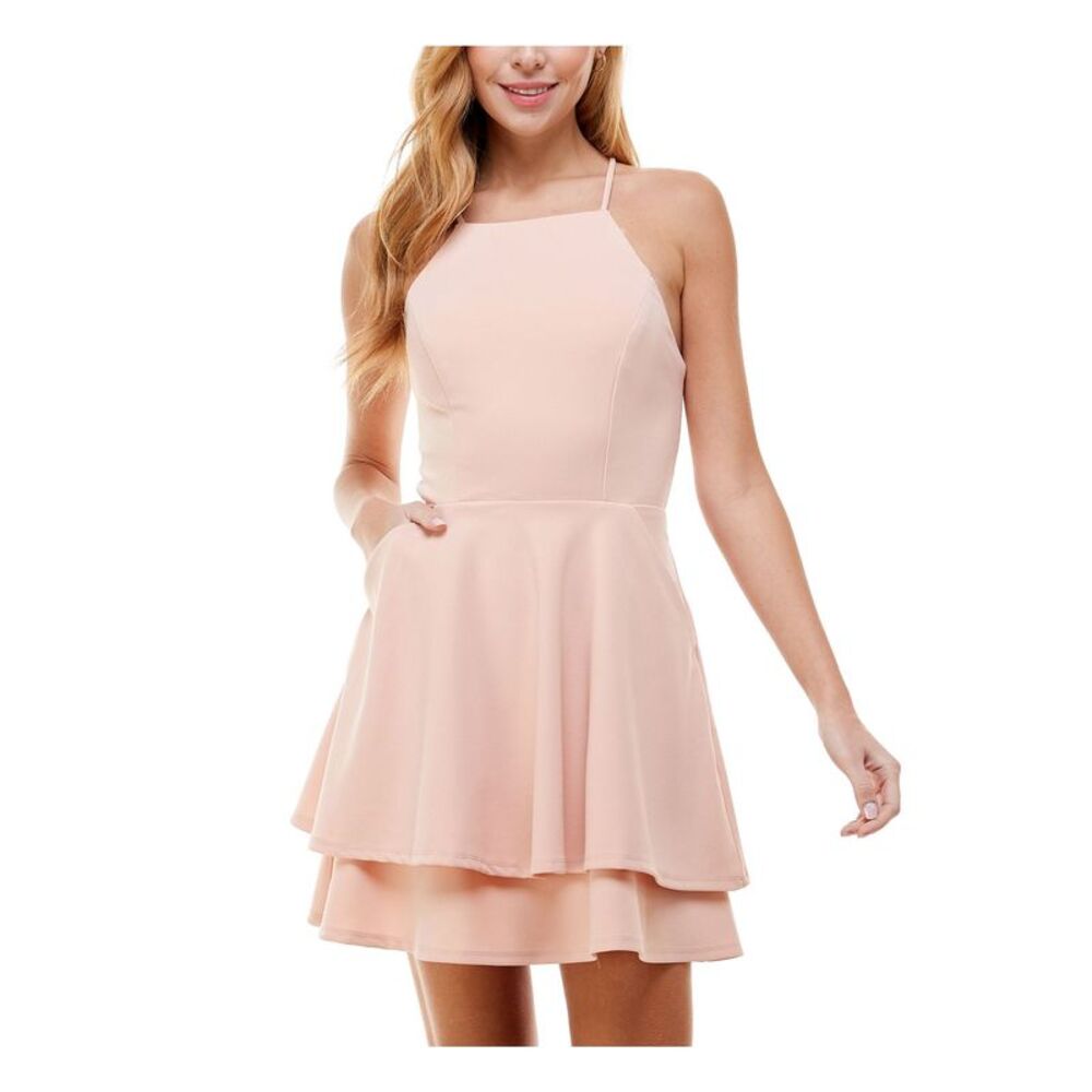 CITY STUDIO Womens Short Dress Coral Lace-up Back Double Ruffle Hem Juniors 13